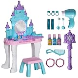 Qaba Kids Vanity Set with Mirror and Stool, Castle Design Makeup Table with Light, Music, Hair Dryer, 18 Accessories, Girls Pretend Play Toys for 3-6 Years, Multicolor