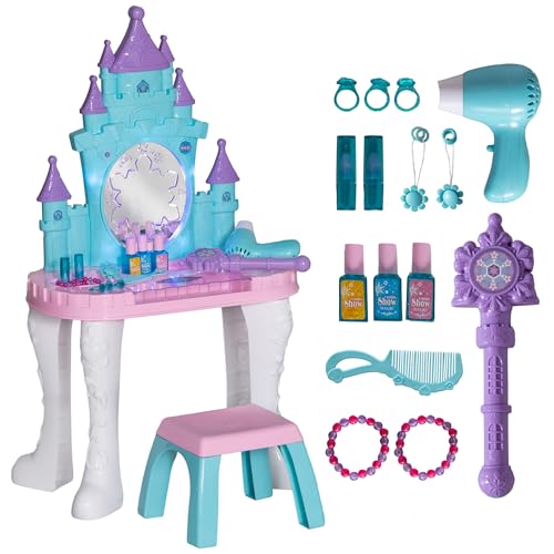 Qaba Kids Vanity Set with Mirror and Stool, Castle Design Makeup Table with Light, Music, Hair Dryer, 18 Accessories, Girls Pretend Play Toys for 3-6 Years, Multicolor