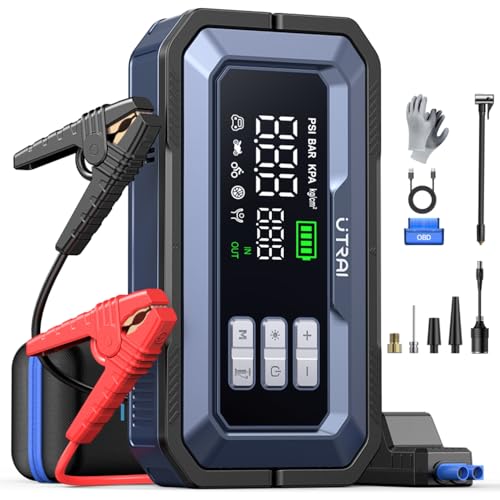 7000A Arrancador de Coches con Compresor de Aire/OBD/160W DC out/Luz LED de 2000lúmenes/18W Carga Rápida(para All Gas o 14L Diesel) UTRAI Jump Starter