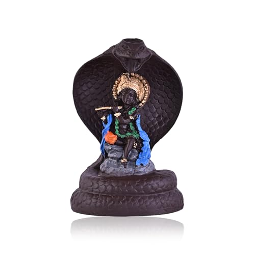 Image of Craftam Polyresin Smoke Backflow Fountain Like Waterfall Krishna Incense Holder Decorative Showpiece Gift with Free 20 Scented Cone Incenses (Naag Krishna), Multicolor