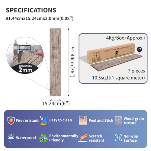 FLOREXP Vinyl Flooring Wood Effect Linoleum Flooring Peel and Stick Floor Tiles Self Adhesive 2.0mm 7 Pieces Waterproof for Kitchen Living Room (Washedoak, 1m²)