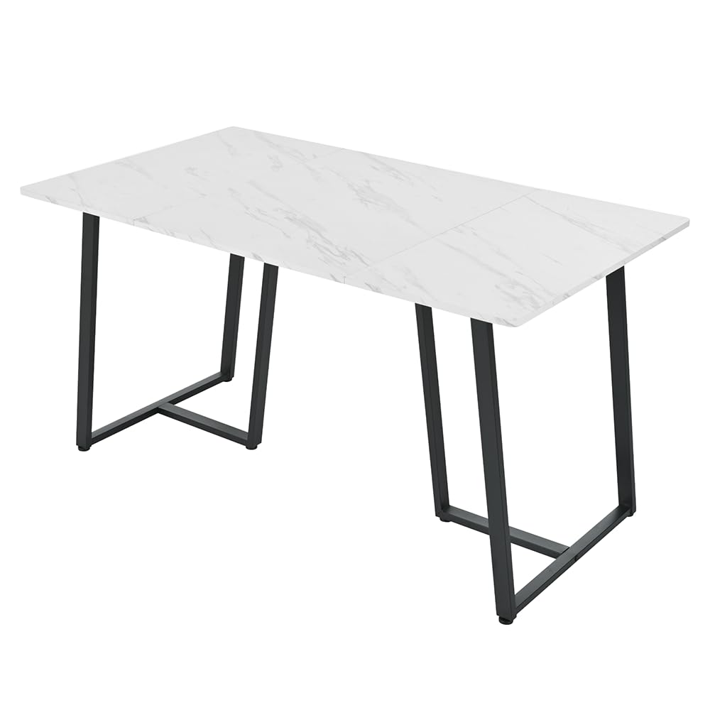 Table cuisine moderne rectangulaire 140x80cm en marbre avec cadre en métal noir