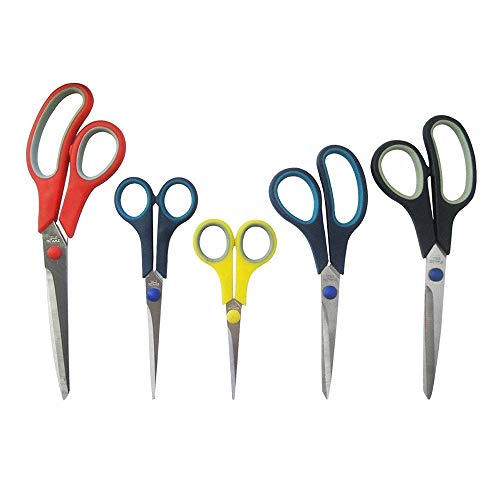 Katzco Stainless Steel Multi-Purpose Scissors Set - 5 Pieces Comfort Grip Scissors, For Fabric, Leather, Canvas, Vinyl, Paper, Clothes, Shoes, Kitchen, Arts and Crafts, School Supplies