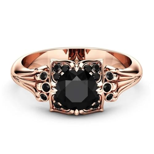 Anneaux or rose et pierre noire : ensemble de bagues rondes fleuries pour femme et homme