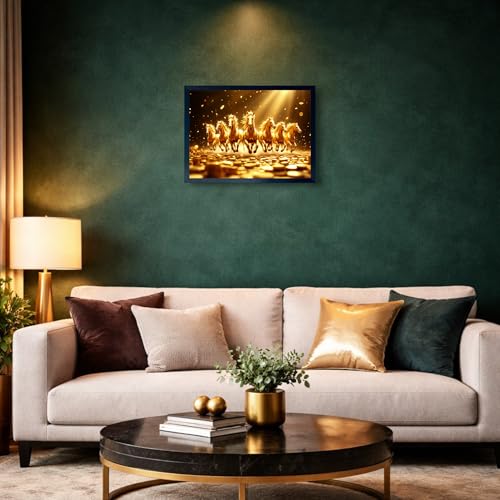 Image of ARTFUL TOY BOX - 7 Running Golden Horses Photo Frame Wall Art for Home Decor | Success, Power & Financial Growth Vastu Wall Decor for Living Room & Office | HD Glossy Print | Premium Fiber Black Frame - 12x18 Inch (30x45 cm) (Design 7)
