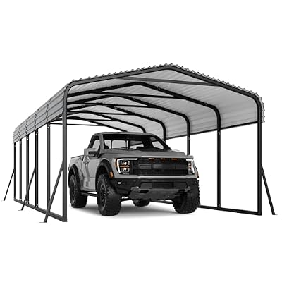 12x24 FT Metal Carport, Heavy Duty Car Port Canopy with Galvanized Steel Roof and Reinforced Base, Outdoor All-Weather Permanent Garage Car Shelter for Cars, Boats, Trucks, and Tractors