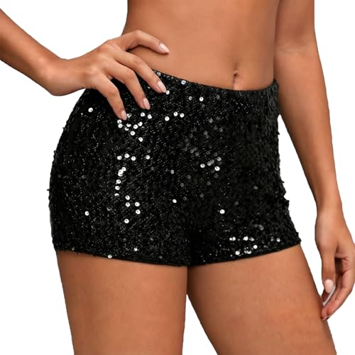 Womens Sequin Shorts Solid Colour Sparkly Glitter Hot Pants Elastic Waist Y2K Night Out Bottoms Clubwear Rave Party Outfits Black