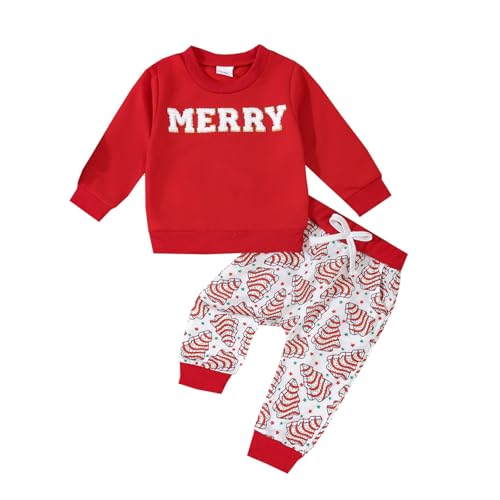 Image of Hnyenmcko Baby Boy Christmas Outfit Long Sleeve Letter Print Crewneck Sweatshirt + Pants Winter Toddler Christmas Clothes (Embroidery-Red, 0-6 Months)