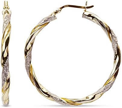 Real 925 Sterling Silver Textured Two-Tone Three-Tone 14K Gold Plated Lightweight Italian Design Hoop Earrings for Women Diameter 25,30,40,45,50mm