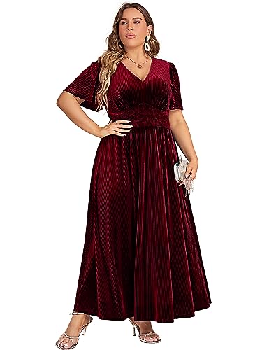 Image of Simplee Women's V Neck Velvet Maxi Dress Short Sleeve Empire Waist Long Formal Dress for Wedding Guest
