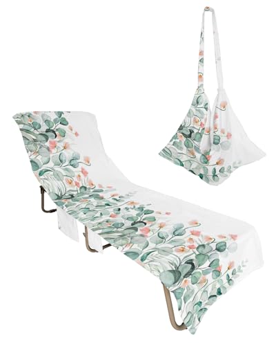 Eucalyptus Leaves Beach Lounge Chair Towel Cover, Soft Chaise Lounge Towel with Side Pockets Patio Pool Chairs Cover for Beach/Pool Sunbathing 29x85 Pink Spring Floral Green Summer Botancial