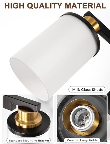 Image of DORESshop 4-Light Black and Gold Bathroom Light Fixtures Over Mirror with Milk Glass Shade, Modern Vanity Lights, ETL Listed