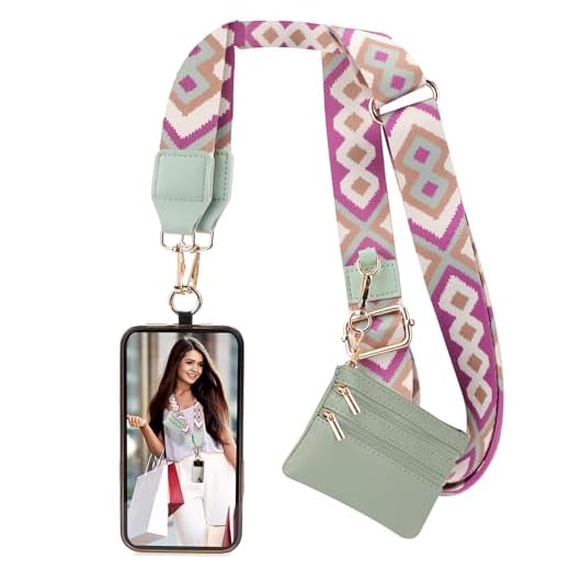 XANGNIER Clip and Go Strap for Phone with Wallet Crossbody, Phone Strap with Zippered Wallet, Adjustable Anti Theft Cellphone Lanyard for Women, Cellphone Chain Accessories Green
