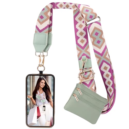 Image of XANGNIER Clip and Go Strap for Phone with Wallet Crossbody, Phone Strap with Zippered Wallet, Adjustable Anti Theft Cellphone Lanyard for Women, Cellphone Chain Accessories Green