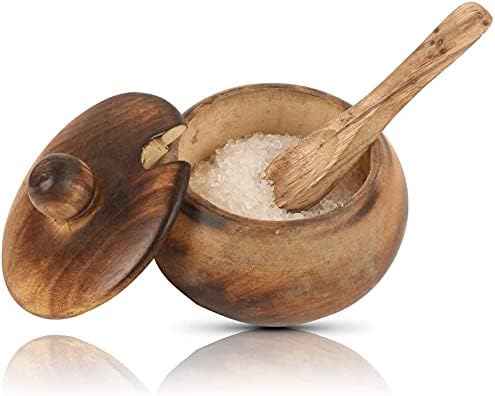 Azucarero decorativo de madera rústica y cuchara con tapa de boca ancha para dulces y especias para condimentos, frutos secos, recipiente para
