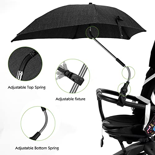 Aiseeok Universal Sonnenschirm Kinderwagen, UV Schutz 50+ für Kinderwagen & Buggy, 78cm Durchmesser, Universalhalterung für Rund- und Ovalrohre, mit Gerader Schirmgriff, Biegsam Einstellbar, Schwarz