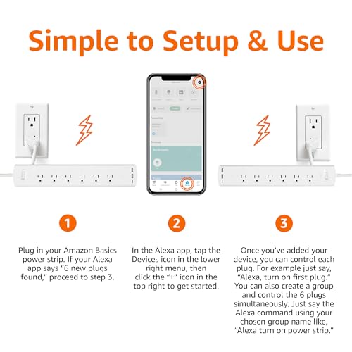 Amazon Basics Smart Plug Power Strip with 6 Individually Controlled Outlets and 3 USB Ports (2 USB-A and 1 USB-C), Works with Alexa Only, 2.4 GHz Wi-Fi, No Hub Required, White