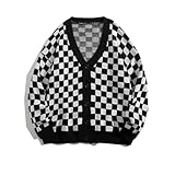ITAMCO Cardigan à carreaux surdimensionné for femme, pull vintage en tricot à damier, veste à manches longues(Black,S)