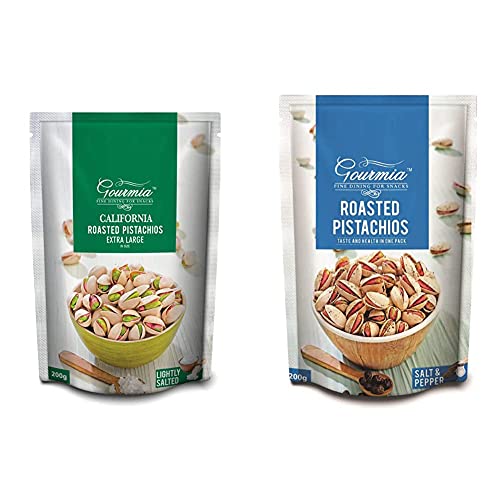 Image of Gourmia California Roasted Pistachios Extra Large Lightly Salted 200g & Gourmia Roasted Pistachios Salt and Pepper 200g