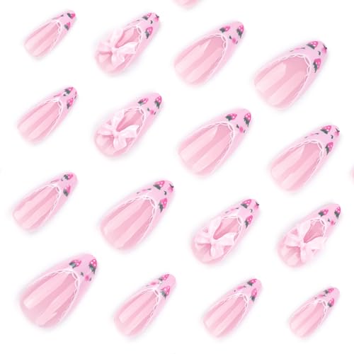 Image of NBNTGH Pink French Tip Glue On Nails, 24 Pcs Almond Shape, ABS Material, Full Cover, Glossy Finish, Strawberry Bow Pattern, Reusable, Summer Nails for Women, Home Manicure, 24 Fl Oz