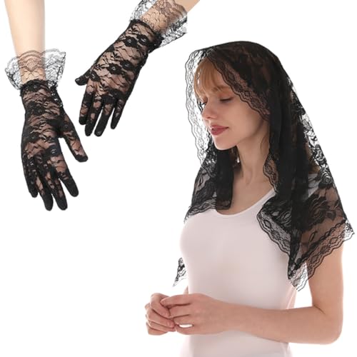 SamHeng Velo Mantilla & Guantes Cortos, Elegante Encaje de Flor Rosa Mujer Velo de Iglesia Velo Masivo Velo de Capilla Cubre Cabeza con Guantes Florales para Boda Noche Fiesta Disfraz (Negro)