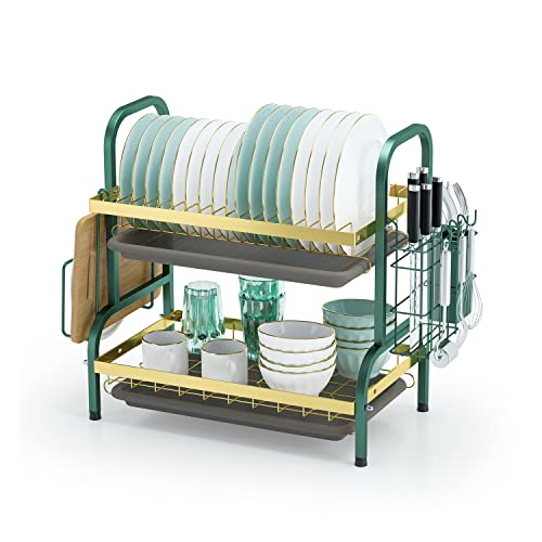 NETEL- 2 Etagen geschirrtrockner,geschirrkorb,geschirrabtropfgestell,Geschirr abtropfständer Küchenschalenregale Organisator mit Utensilienhalter, Abtropfschalen, Schneidebretthalter, Gold und Grün Cover