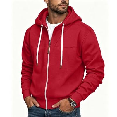 LBOVBE Mens Zip Up Hoodies Long Sleeve Drawstring Loose Fit Sweatshirts Fall Winter Comfy Lounge Outerwear with Pockets Red