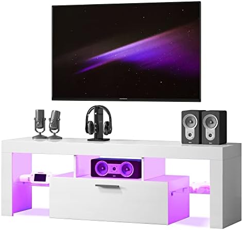Entrintou Modern LED TV Stand for 55 inch TV with Shelves and Large Storage, Rustic Entertainment Center, Small Television Stand, White Table Top Gaming Glossy TV Stand for Living Room, Bedroom