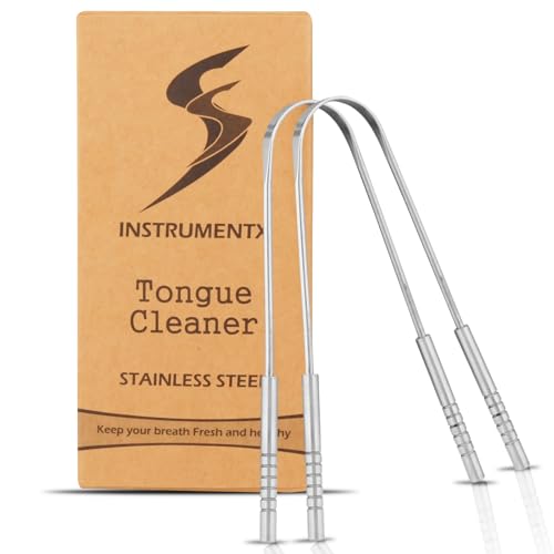 SS INSTRUMENTX Raspador de lengua con estuche de viaje, 2 piezas, limpiadores de lengua flexibles en forma de U de acero inoxidable para aliento fresco y cuidado bucal, raspadores de lengua