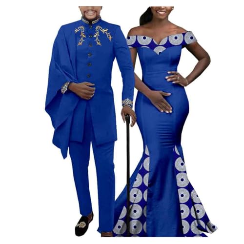 African Couple Matching Clothes for Wedding Women Slim Mermaid Dress Bazin Men Irregular Jacket Pant Sets