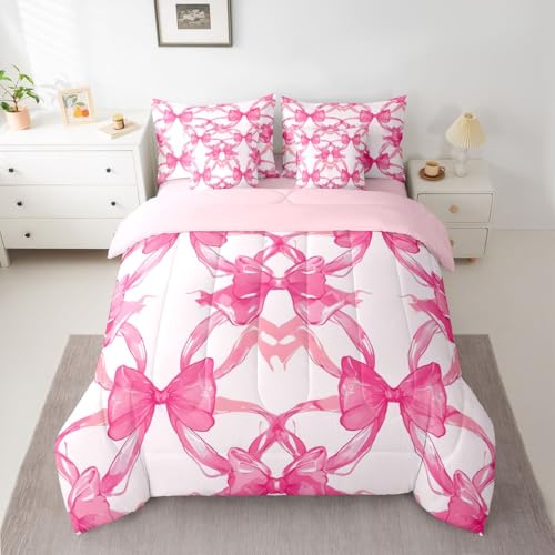 Image of Pink Bow Comforter Set 7 Piece Bed in a Bag Twin | Kawaii Ribbon Bowknot Bedding Sets Princess Bow Comforter and Sheet Set, Kawaii Bow Tie Bed Sets,Pink Decor for Bedroom