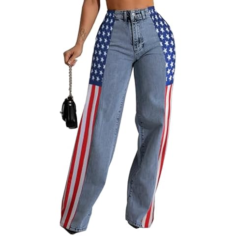Angsuttc High Waisted Jeans for Women Color Block American Flag Denim Pants Slim Fit Stretchy Wide Leg Jean Blue Flag M Cover