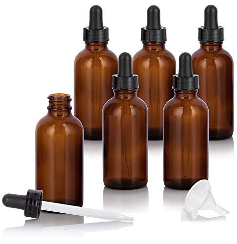 2 oz Amber Glass Boston Round Dropper Bottle (6 pack) + Funnel