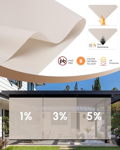 Image of Kincmo Motorized Outdoor Shades for Patio Porch, Custom Outdoor Motorized Blinds with Remote, Waterproof & Windproof Patio Shades Work with Apple Home,Alexa,Google (Beige-1% Openness)