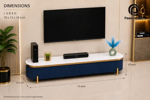 Image of Mazzo Modern TV Unit /Console - 70 inchx12 inchx18 inch White Marble Top with Golden Acrylic, Waterproof Plywood & Charcoal Louvers - Media Cabinet | Modern TV Stand Console Without Storage (Blue)