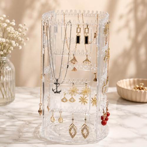 Image of DecoLogy 360 Rotating Transparent Acrylic Jewelry Organizer Tower | Earring Holder Stand with Necklace, Ring & Bracelet Storage | Dust-Free Jewelry Display Organizer for Women | 1 Piece