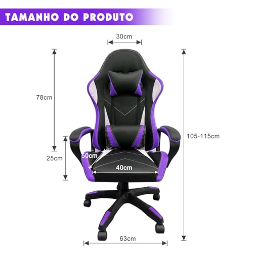 Cadeira de jogos com encosto alto, apoios de braços fixos em quatro pontos, altura ajustável (Roxo)