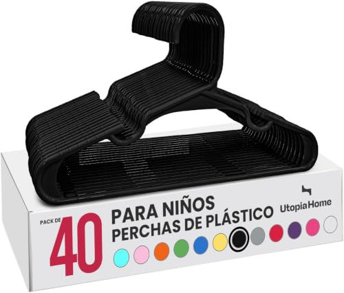Utopia Home Paquete de 40 Perchas Infantiles de Plástico, 30 cm, Negro