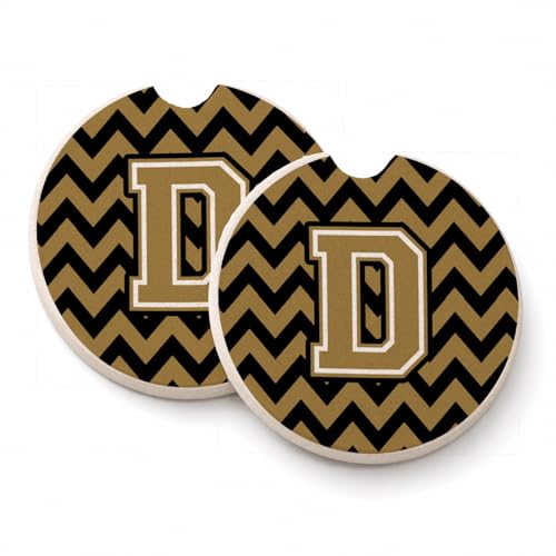 Caroline's Treasures CJ1050-DCARC Letter D Chevron Black and Gold Set of 2 Cup Holder Car Coasters Absorbent Sandstone Coasters for Car Cup Holders Gifts for Men or Women, Large, Multicolor