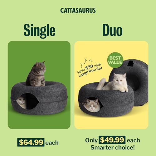 Image of Cattasaurus Peekaboo Cat Cave Donut for Multiple & Large Cats up to 30-45 lbs, 3-in-1 Self Warming Cat Bed, Tunnel & Scratcher for Indoor Cats, Washable & Detachable (Dark Gray + Dark Gray, Large)