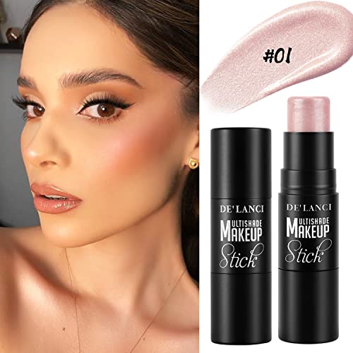 2023 Neuer 3-in-1 Creme Highlighter Stick mit Integriertem Pinsel, Wasserfester und Langlebiger Highlighter Makeup Stift, Mischbarer Augen Gesichts Körper Cremiger Schimmerstift für alle Hauttöne, Elf