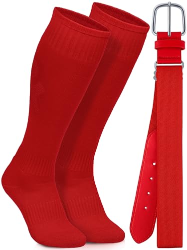 Gnodio Baseball Socks and Belt Combo Set Cotton Boys Adjustable Baseball Softball Socks and Belt for Boys Girls Red M