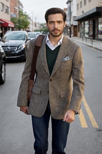 VENNYNG Men's Elbow Patch Mens Blazer Slim Fit Sport Coat Two Button Suit Jackets Tweed4