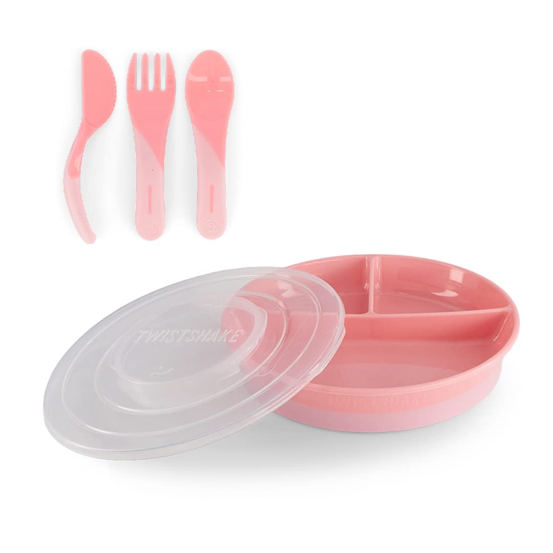 Twistshake Baby Tableware Set | Divided Plate + Cultery 6m+ | BPA-Free | Food Training Kit for Kids | Pink