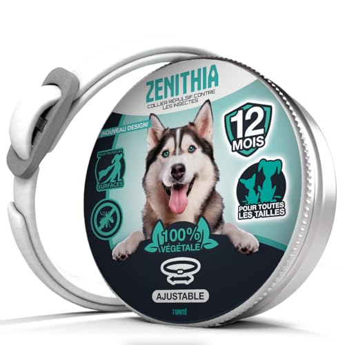 ZENITHIA Collier Anti Puces pour Chien - Collier Anti Puce Chien - Anti Tiques Haute Qualité - 12 Mois de Protection - 65cm Réglable Toutes Tailles - 100%...