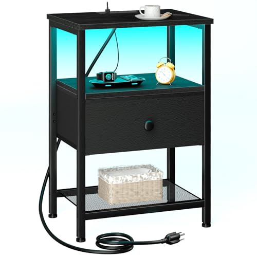 LOAKEKEL Nightstand with Charging Station, End Table with Fabric Drawer,