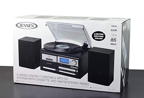 Jensen Jta-575Bk All-In-One Modern Home Record Player Stereo 3-Speed Turntable Music System Multimedia Center + Cd/Mp3, Usb/Sd Encoding Am/Fm Cassette Player/Recorder + Remote Wooden Speakers (Black) #TOP5