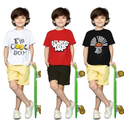 Image of Yazh Texworld Boys Round Neck Blended Cotton T-Shirts | Regular Fit | Half Sleeve | Casual Wear | Trendy | Combo Pack of 3 | Multicolor | Soft, Durable, and Stylish for Everyday use