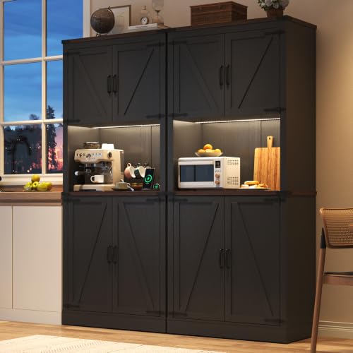 Image of 72 inch Tall Farmhouse Kitchen Pantry Cabinet with LED Light and Power Outlet,Modern Farmhouse Kitchen Storage Cabinet w Load-Bearing Steel Pipe,Barn Doors, Organizer,Food Pantry Cabinets(2PC Black)
