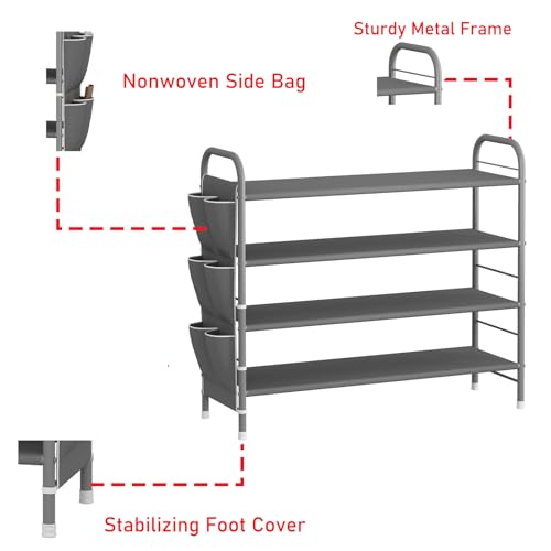 SUOERNUO 4 Tier Free Standing Metal Shoe Rack With Side Bag - Compact Shoe Organizer for Entryway Closet Bedroom, Grey - Thumbnail 5